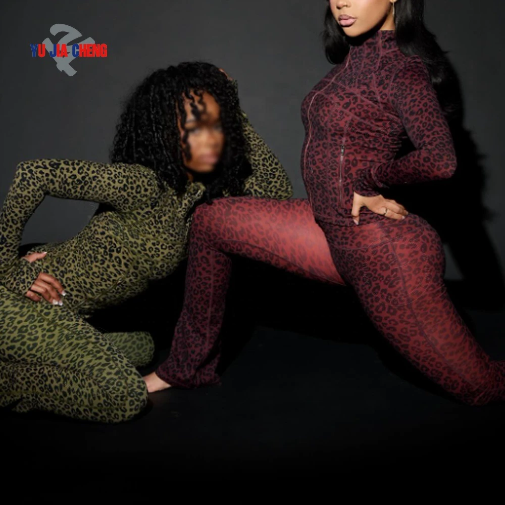 Custom Active Wear Suits Leopard Print Yoga Jacket And High Waist Flare Pants Gym Workout Cheetah 2 Piece Women Sportswear Set