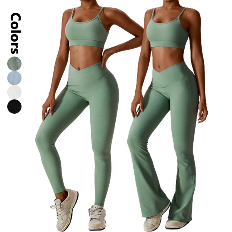 Custom Logo High Elastic Breathable 3 Piece Bra Flared Leggings Yoga Set Active Wear Yoga Outfit Gym Fitness Women Sets