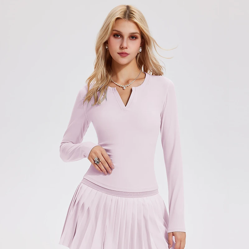 Women's Long Sleeve Lounge V-neck Top Slim Fitted Knittned Shirt Workout Gym Yoga Running Tennis T Tops