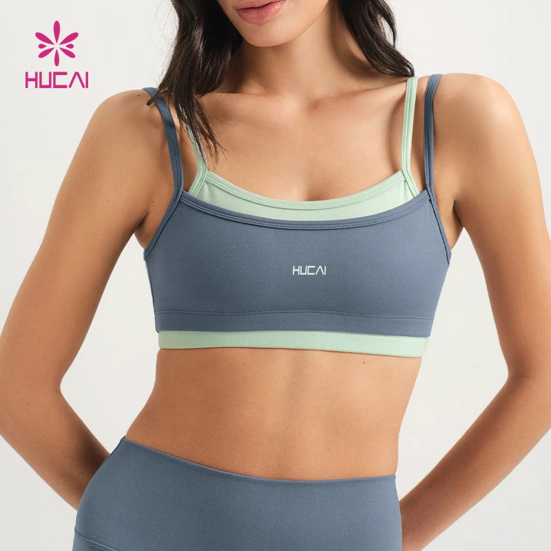 HUCAI Custom Logo Polyester Spandex High Quality Scoop Neck Thin Strap Layered Double Layer Yoga Top Sports Bra for Women