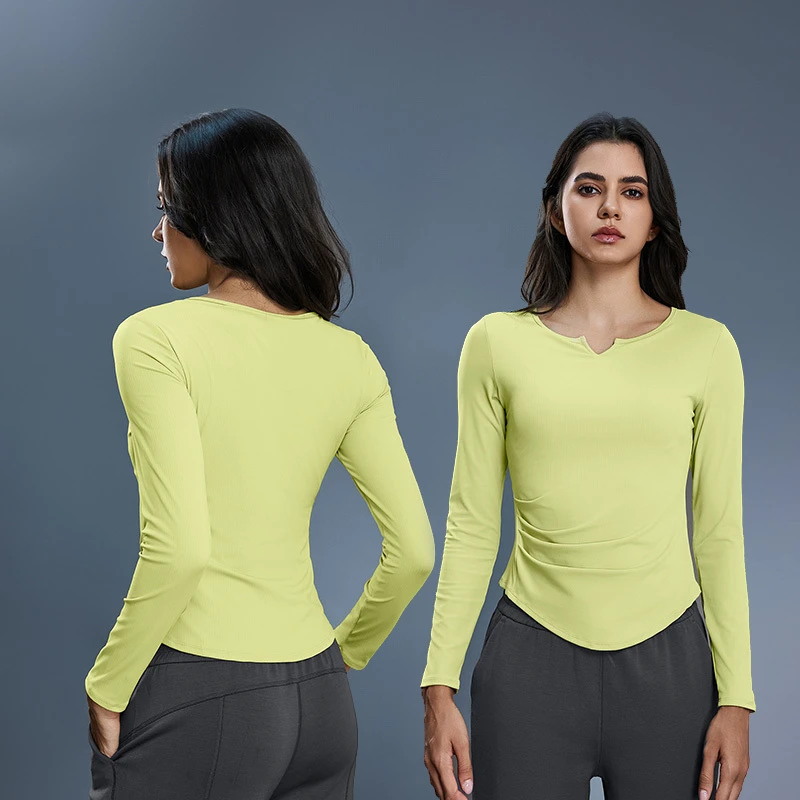 Roregal V Neck Yoga Long Sleeve Top Waist Pleats Women's Fixed Cup Fitness t Shirts Long Sleeve