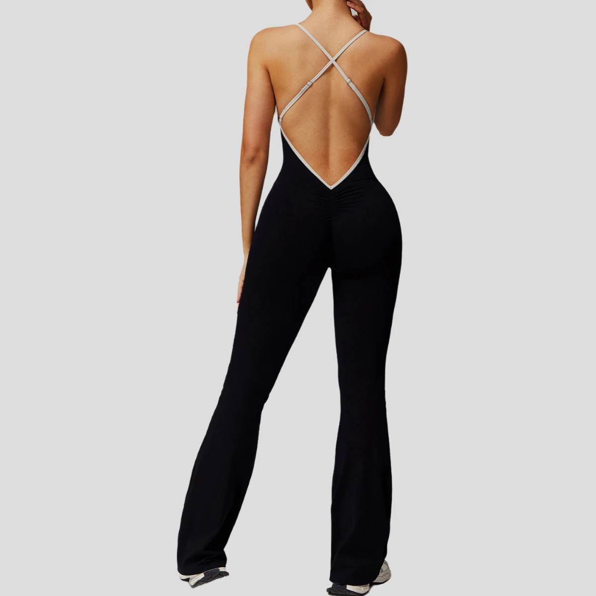 Cross Strap Hollow Back One-Piece Yoga Jumpsuit V-Shaped Lower Back Slimming Flared Sports Bodysuit for Outdoor Fitness Indoor
