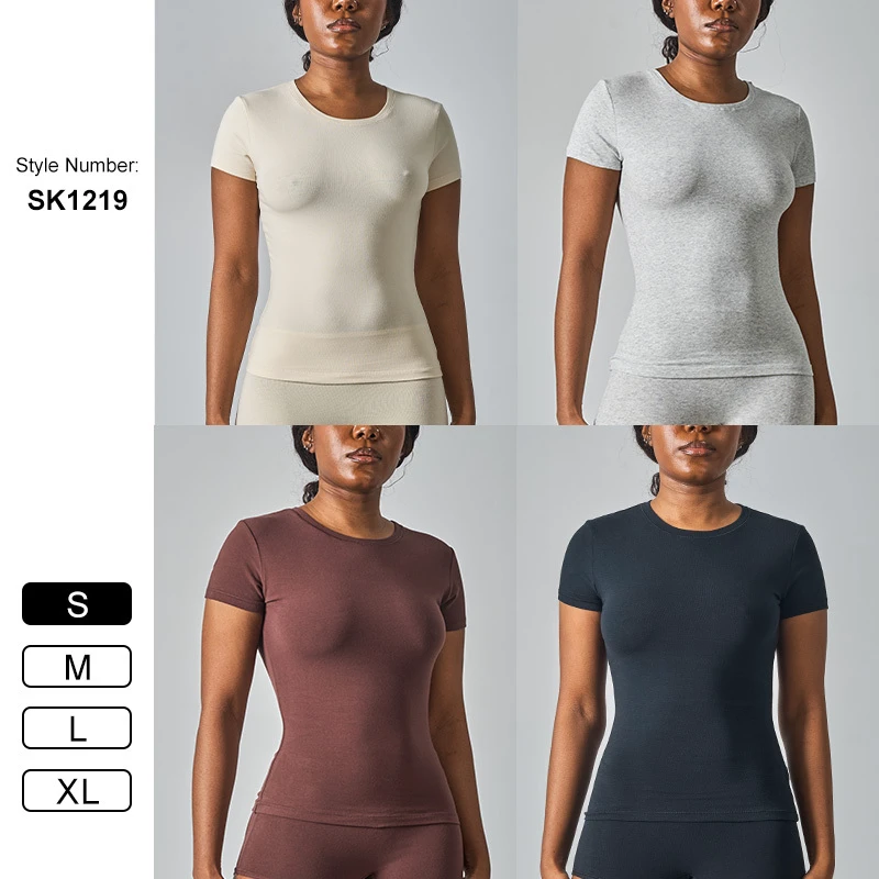 SK1219 Lightweight Cotton Women Crop Top Short Sleeve Crew Neck Slim Fit Breathable Stretchy Sweat Wicking Yoga Casual Workout