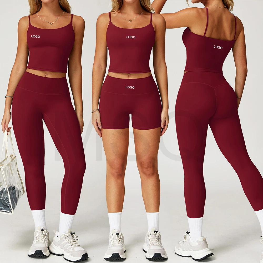 Wholesale Gym Clothes Women's Workout Sets Quick Dry Sportswear Suit Activewear Top Scrunch Peach Leggings 3 Pieces Yoga Set