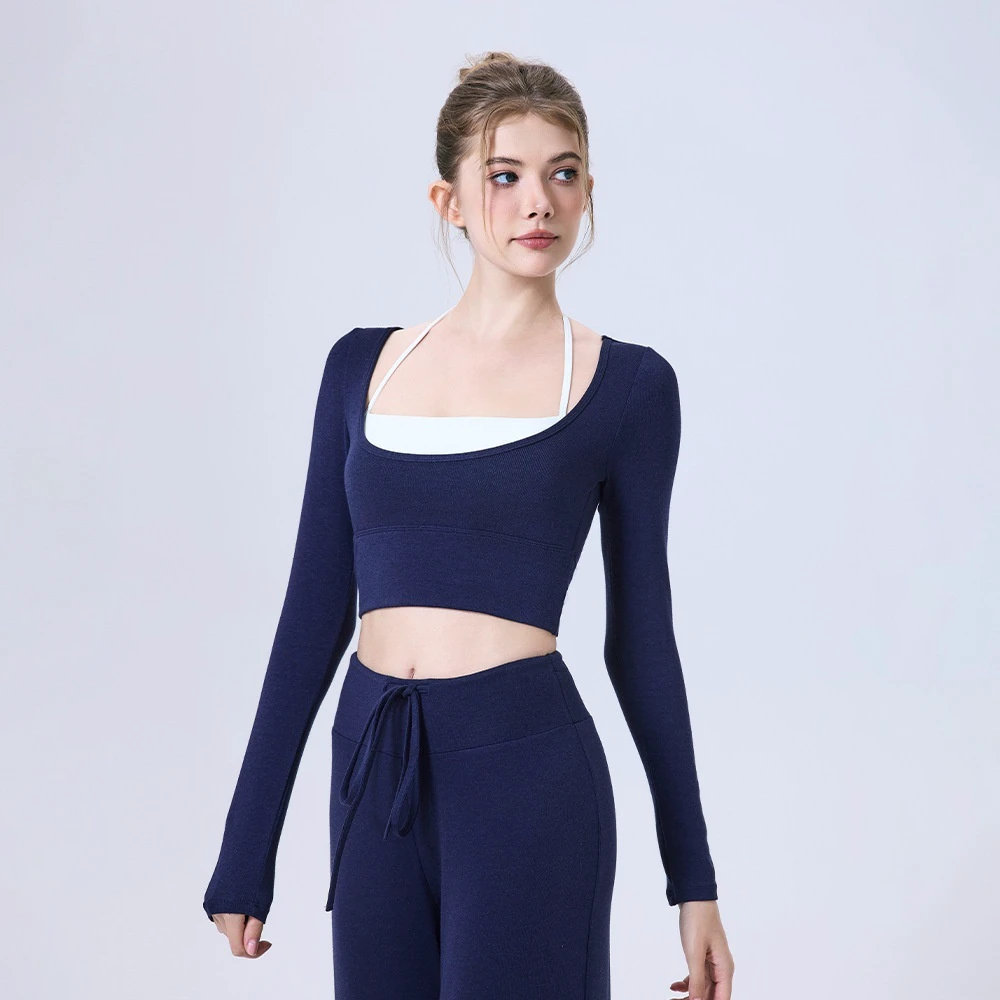 Solid High Support Crisscross Straps Yoga Clothes Long Sleeve Half Fixed Cup Running Slim Breathable Sports Bra Yoga Top
