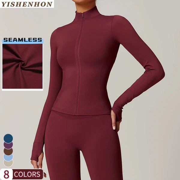 YISHENHON Custom Women's Lightweight Gym Fitness Zipper Sport Top Breathable Tight Seamless Yoga Jacket Long Sleeves Plus Size