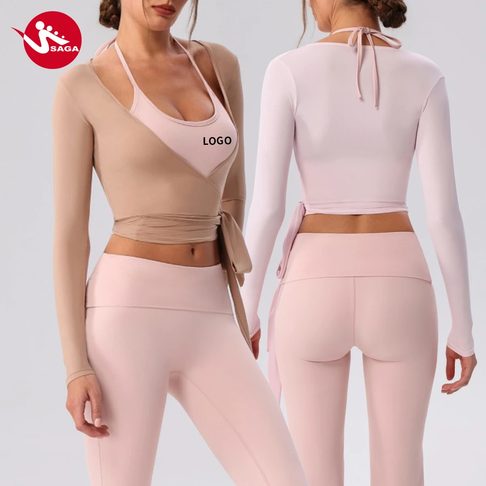 Ballet Core Ready to Ship Sexy Wrap Tie V Neck Yoga Top Women Long Sleeve Crop Top for Pilates Dance Slim Fit Workout Apparel