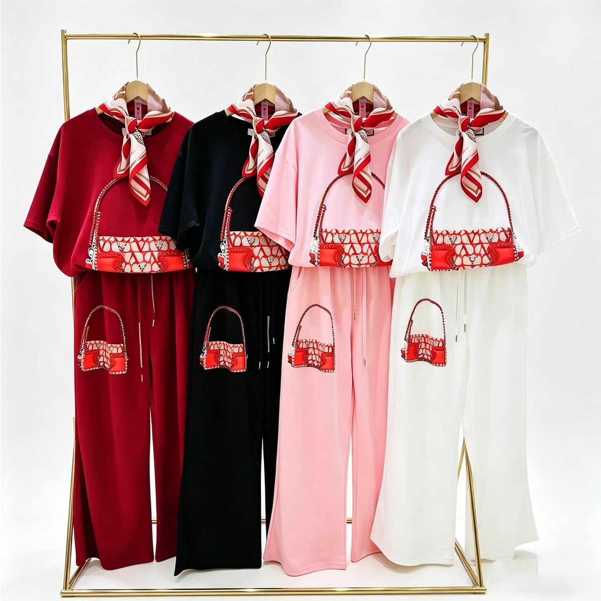 Zitong Fashion Designer Bag Graphic 2 Piece Tracksuit Women Short Sleeve Tee & Pants Set With Neck Scarf
