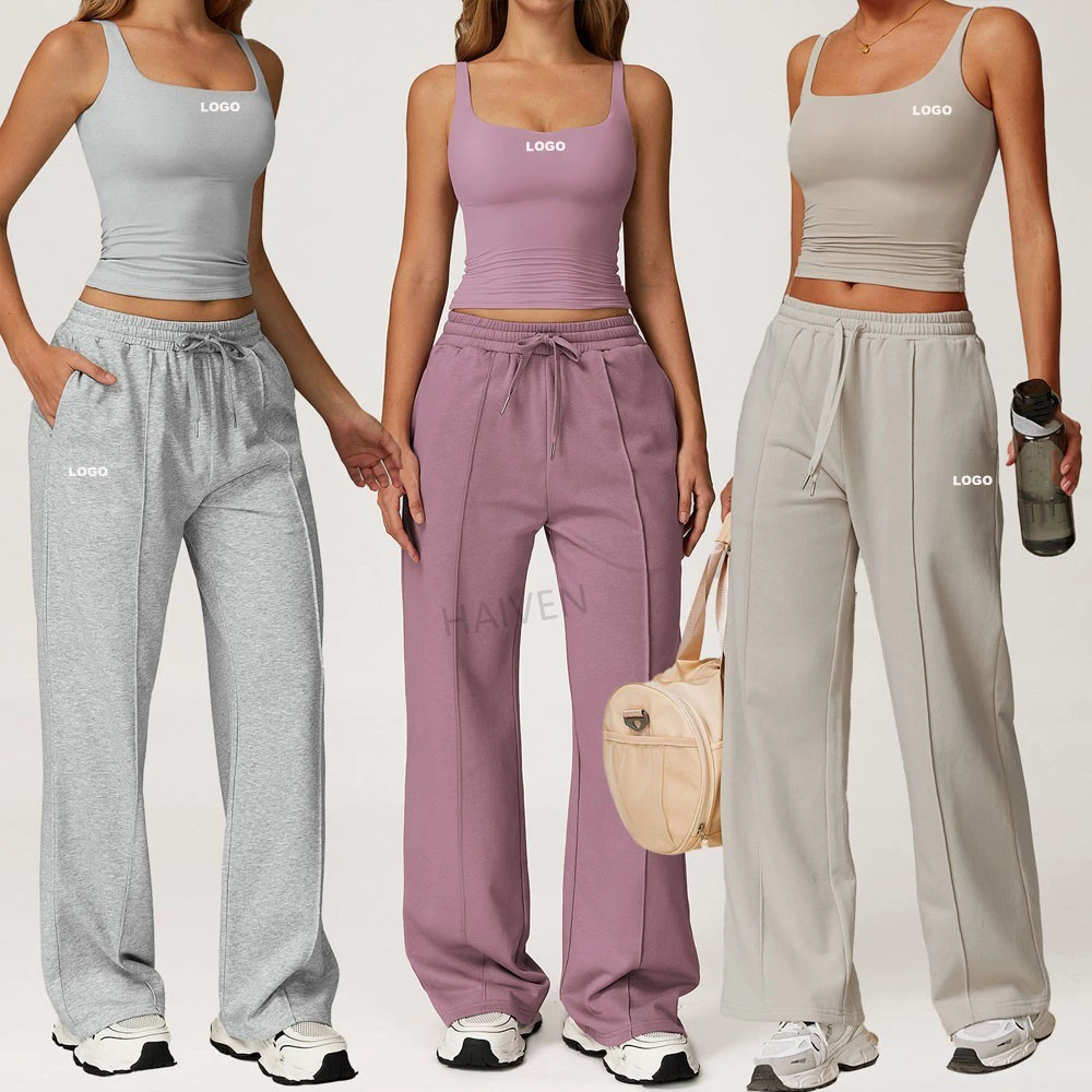 2 Pieces Strength Woman Yoga Tank Top Vest High Waist Wide Leg Custom Sweatpants Fitness Activewear Sports Suit for Women