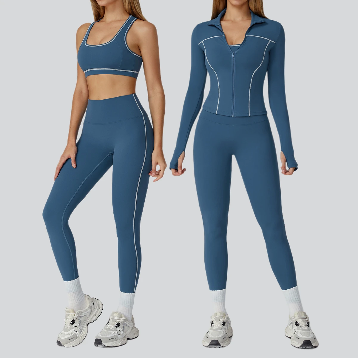 Color Blocking Yoga Set Zipper Slim Fit Yoga Fitness Suit Casual Running Sports Three Piece Set