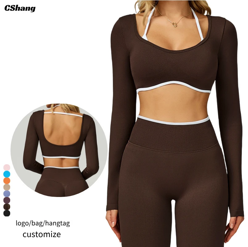 Wholesale Contrast Color Workout Crop Top Long Sleeve Seamless Tshirts Slim Fit Backless Gym Yoga Sports T Shirt for Women