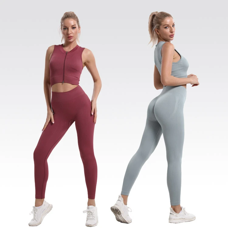 Wholesale Fitness Gym Activewear Yoga Set 2PCS Seamless Ribbed Sleeveless Yoga Vest Top High Waist Push up Yoga Leggings Women
