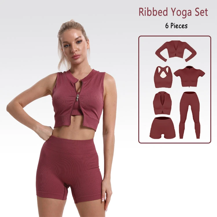 Factory Supplier Gym Clothing Activewear Women Yoga Set 6 PCS Seamless Ribbed Breathable Quick Dry Fitness Yoga Wear Sports S