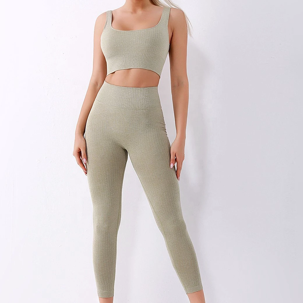 Seamless Stripe Yoga Leggings Set with Bra Top Custom Logo Gym Workout Women Set Fitness Girl Sports Suits Fitness & Yoga Wear