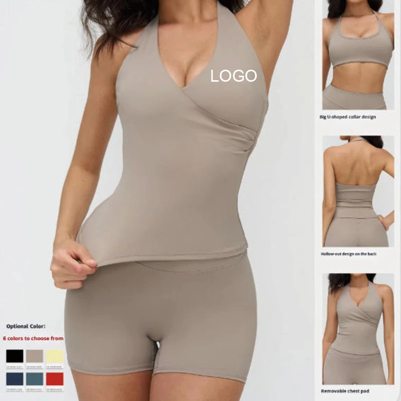 Breathable Elastic Waist High V-neck Yoga Suit Gym Sportswear Solid Hollow Back Hole Tight Active Women 2-Piece Set Outdoor