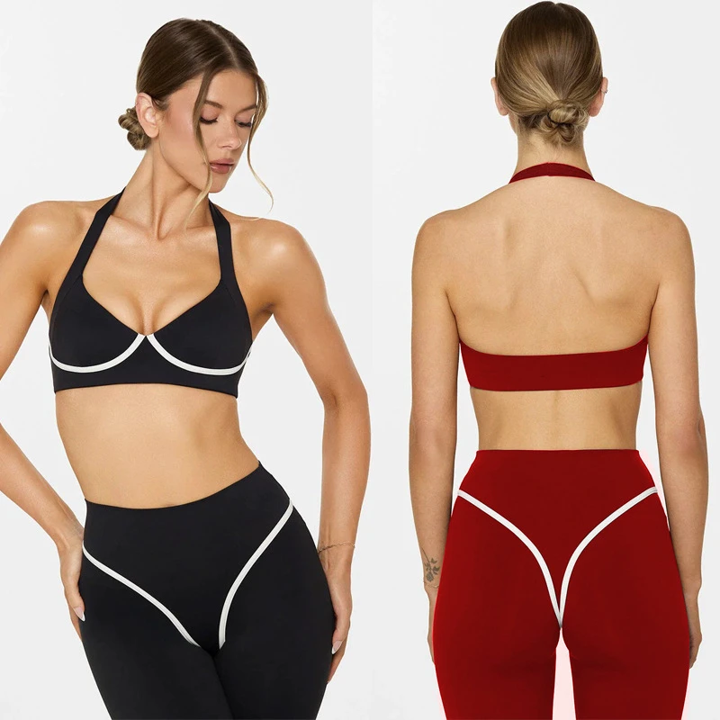 Women's Halter Sports Bra & Leggings Set - Contrast Piping High Waist Yoga Outfit, Backless Gym Activewear For Fitness
