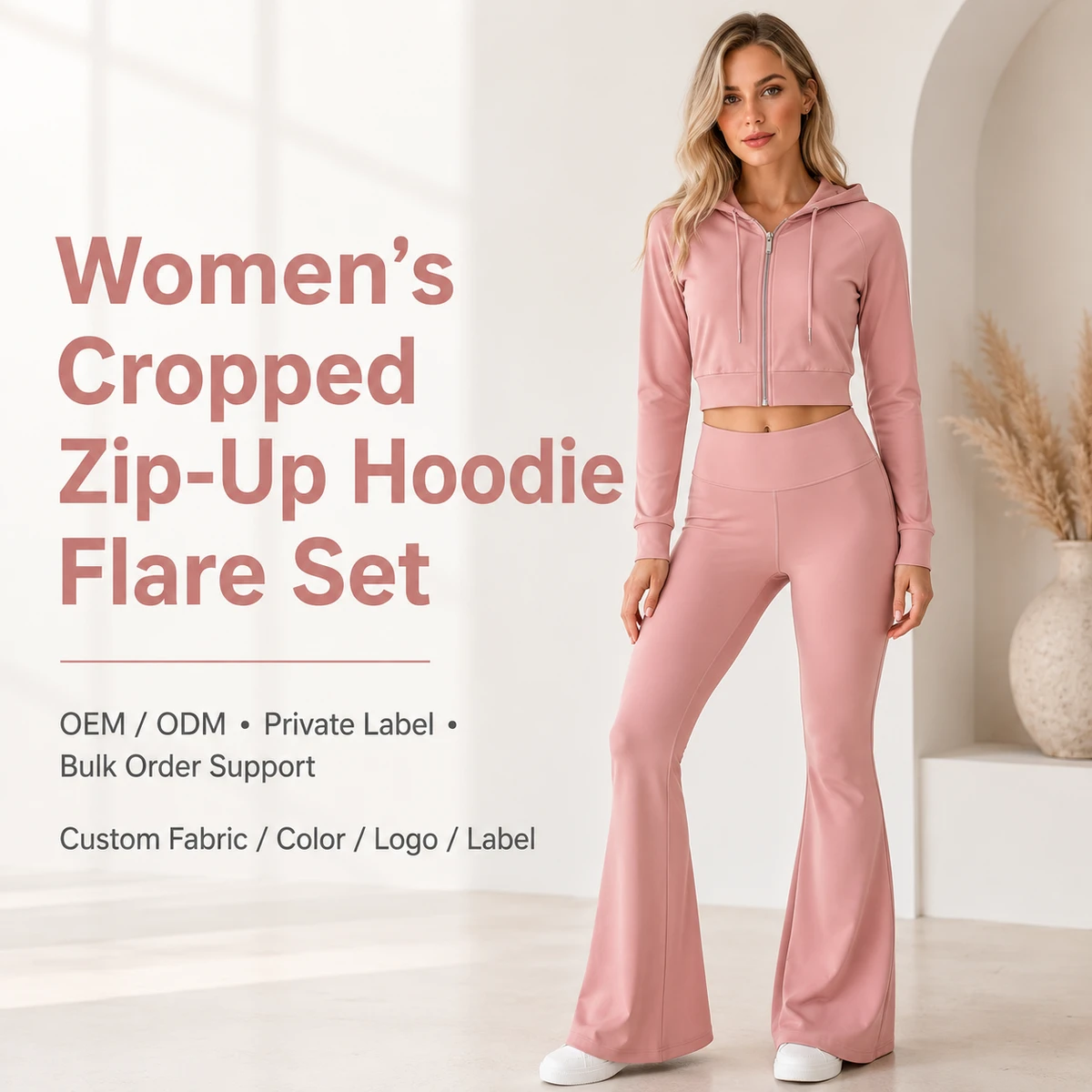 Wholesale Female Dusty Pink Cropped Zip-Up Hoodie Flare Pants Set Custom High Waist Stretchy Athletic Yoga Tracksuit