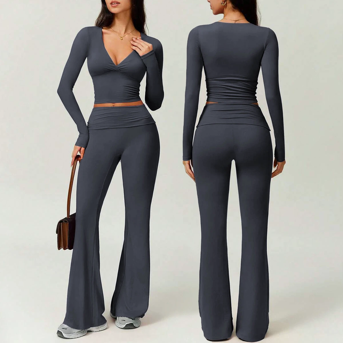 V Neck Long Sleeve High Waist Flare Leggings Two Piece Yoga Outfits Women Fitness Sports Suits