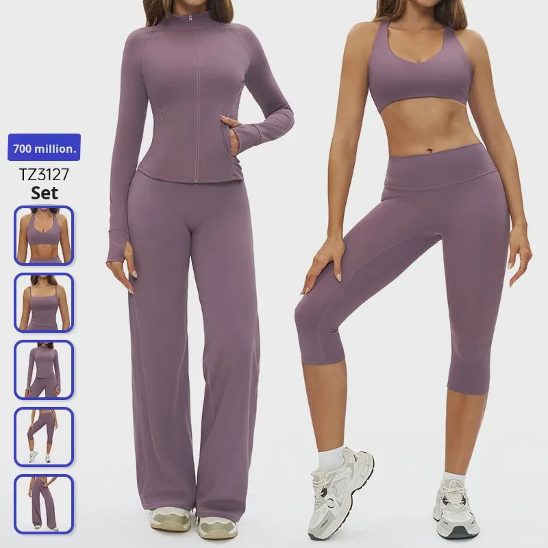 Solid Breathable Plus Size 2-Piece Yoga Set Tight-Fitting Wide-Leg Casual Sports Suit High-Waisted Elastic Waist Leggings Front