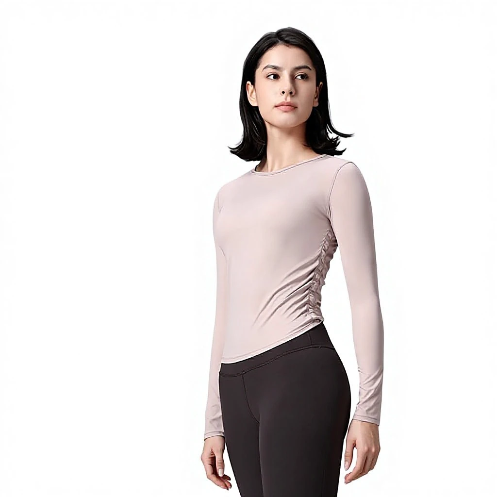 Tight-Fitting Pullover Elastic Pleated Sports Long-Sleeve Stretchy Slim-Fit Skin-Friendly Nude-Feel Casual Yoga Wear Solid