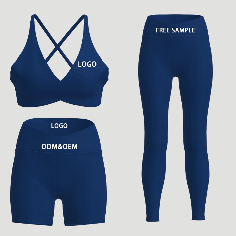 Custom Logo Front Plus Size High Waist Solid Color Yoga Sport Top Gym Wear Workout Seamless Women's 3-Piece Fitness Yoga Set
