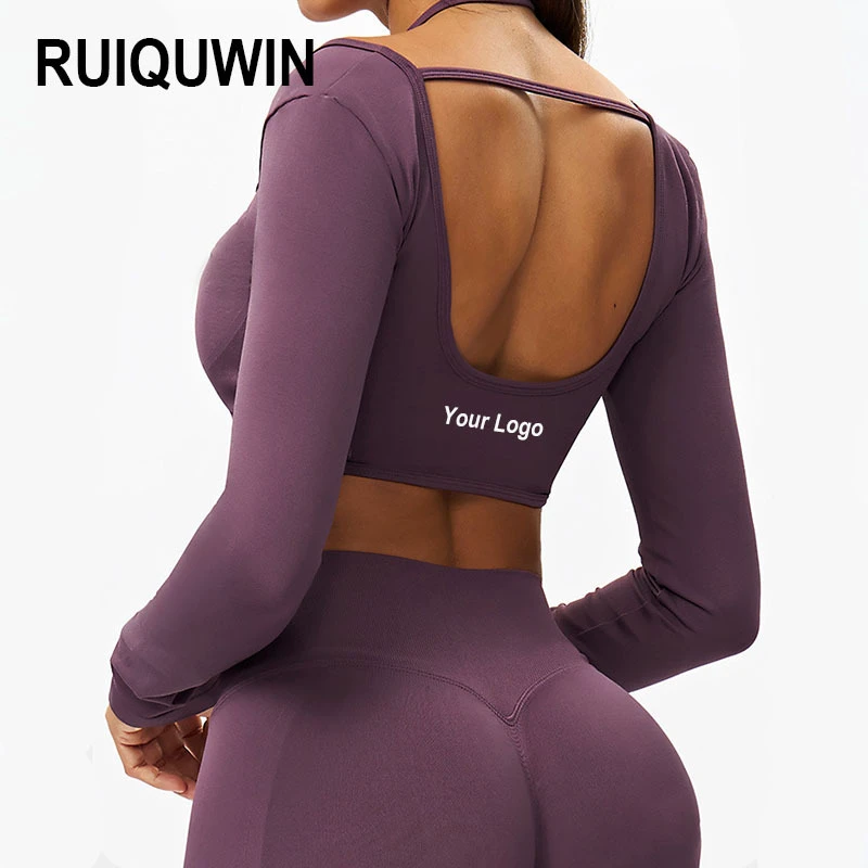 RUIQUWIN Women's High-Stretch Slim-Fit Yoga Long-Sleeve Tops Quick-Dry Seamless Fitness Shirts Sexy Halter Backless Sports Tees