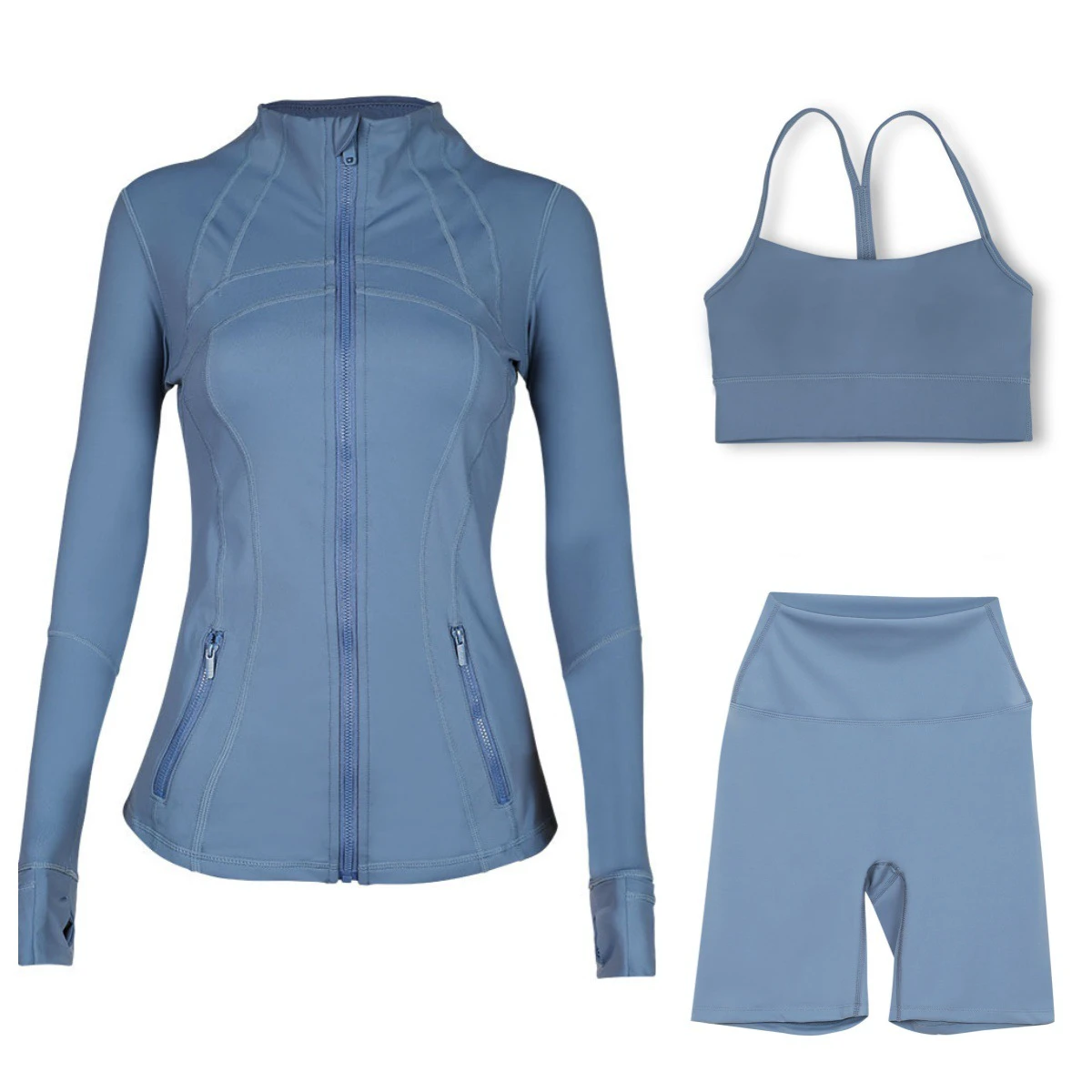 (In Stock) Breathable Solid Capri Pants Jacket Y-Back Bra Sports Set Three-Piece Fitness Bare-Skin Feel Workout Yoga