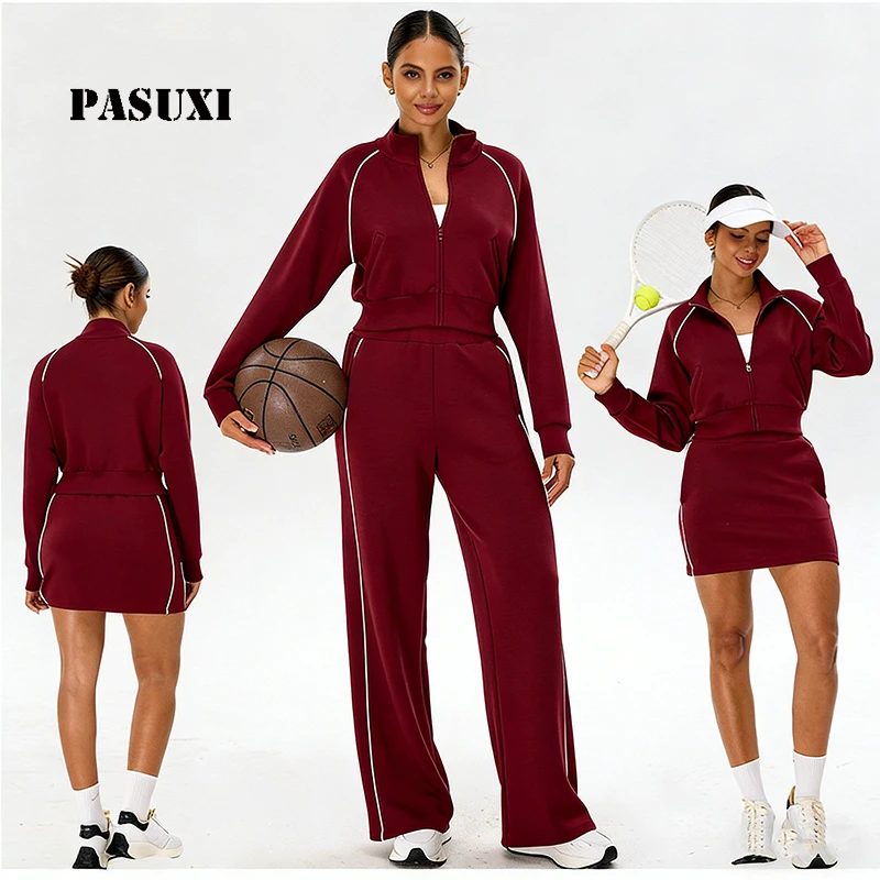 PASUXI High Impact Color Block Yoga Set Naked Feeling Long Sleeve Gym Top and Loose Pants 5 Piece Women Workout Activewear
