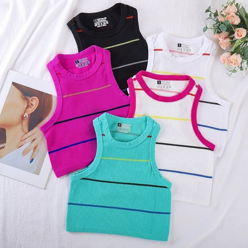 Women's Retro Polychrome Striped Knitted Tank Top Breathable Summer Sports Fitness with Round Neck Yoga Top