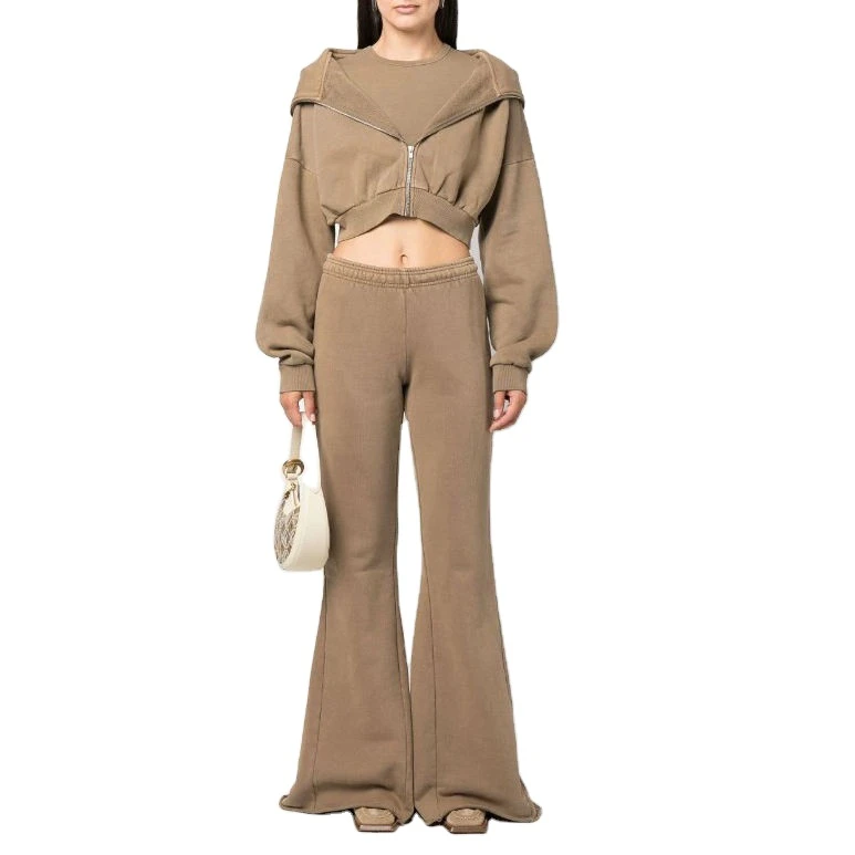 Fitness Yoga Wear Women's Plus Size Yoga Sets 100% Polyester Acid Wash Flared Track Pants Tracksuits Flare Sweatpants Hoodie Set