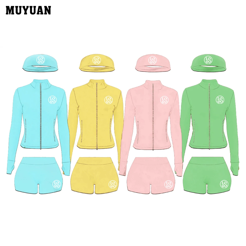 Nylon Elastane Women Active Set Zip Jacket High Waist Shorts Solid Breathable Eco-Friendly Yoga Fitness Sportswear Running