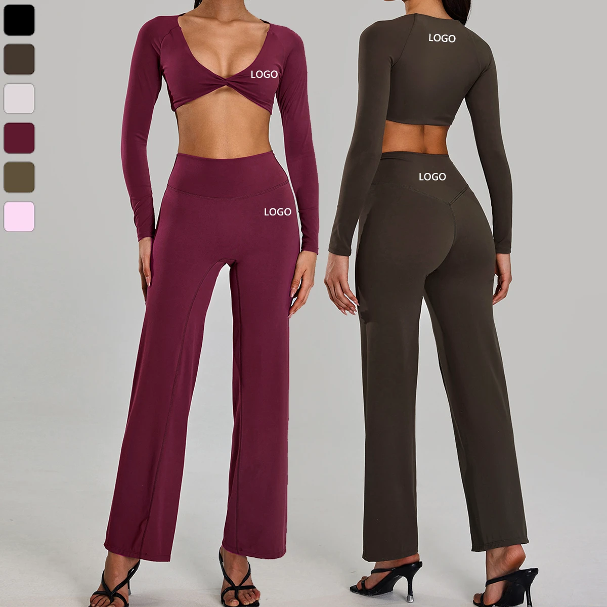 Fashion New Style Twisted Navel-Baring Long-Sleeved Top High Waist Loose Women's Yoga Sports 2-Piece Set