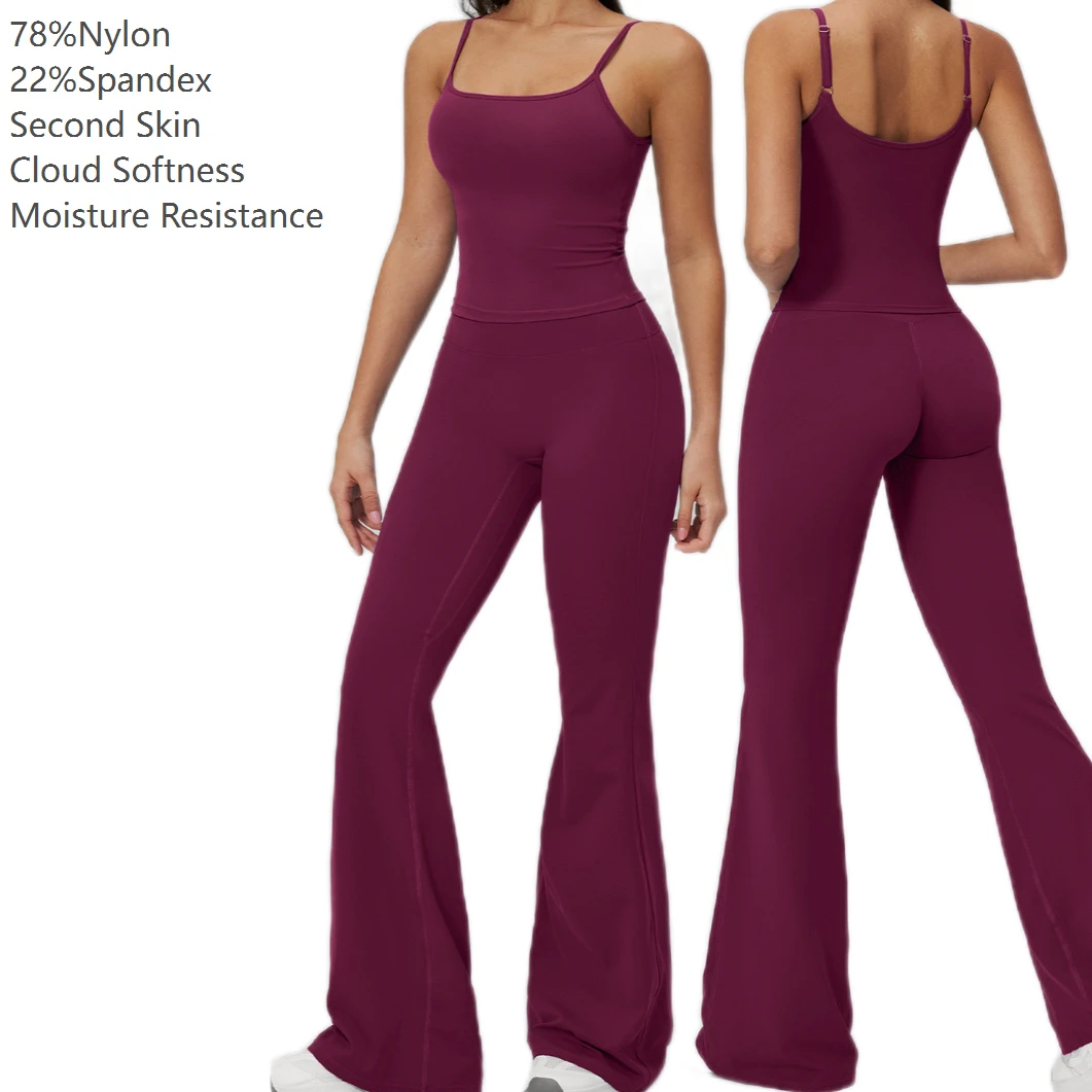 Gym Gym Workout Yoga Fitness Wear Women Set Two Piece Halter Tank Top Flared Nylon Track Pants Activewear Ropa Deportiva Mujer