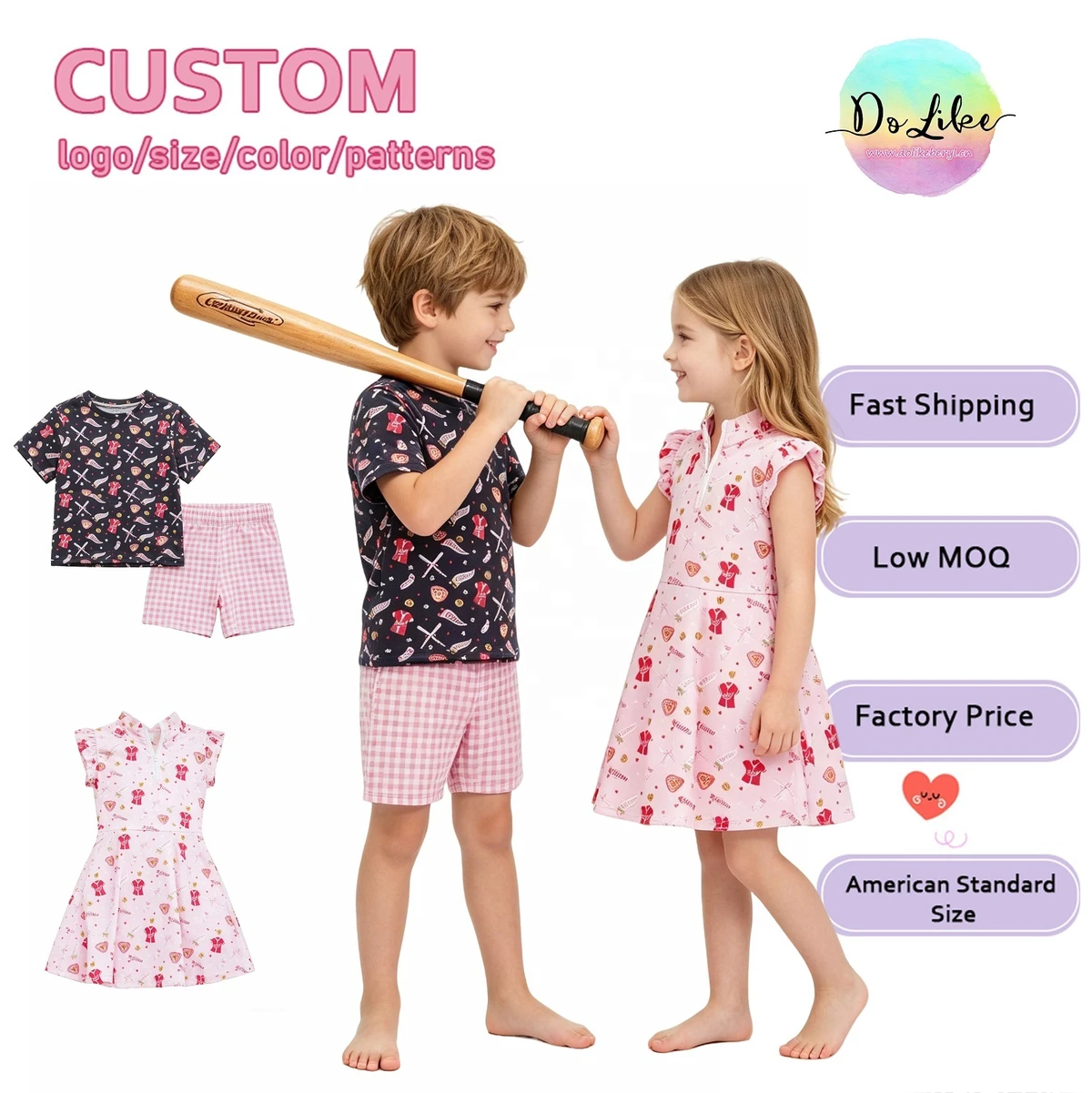 Custom-Printed Children's Sportswear T-Shirts Checkered Shorts Ruffle-Sleeve Dresses Breathable Fabric Two Piece Set Yoga