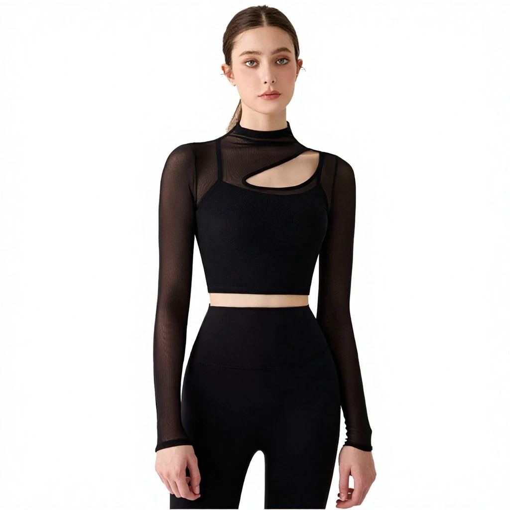 Women's Lightweight Breathable Spandex Mesh High-Neck Yoga Tops-Fitness Seamless Workout Shirts
