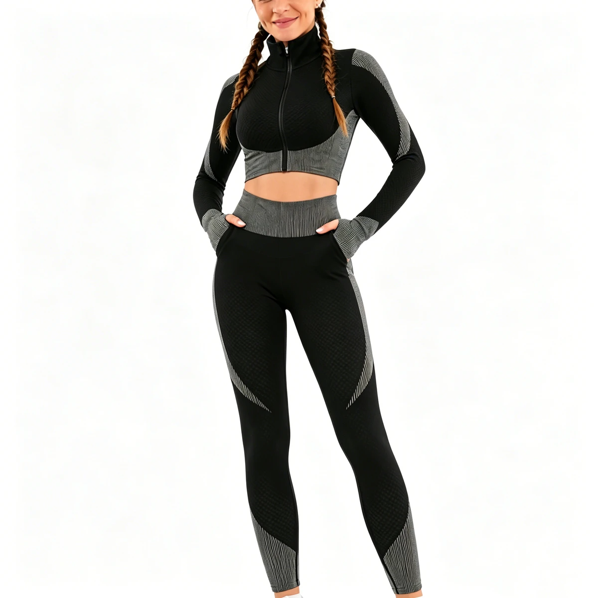 Custom Fashionable Seamless Sports Yoga Set Two Piece Jogger Wear Legging Set Zipper Gym Top Tights Yoga Legging Sets for Women