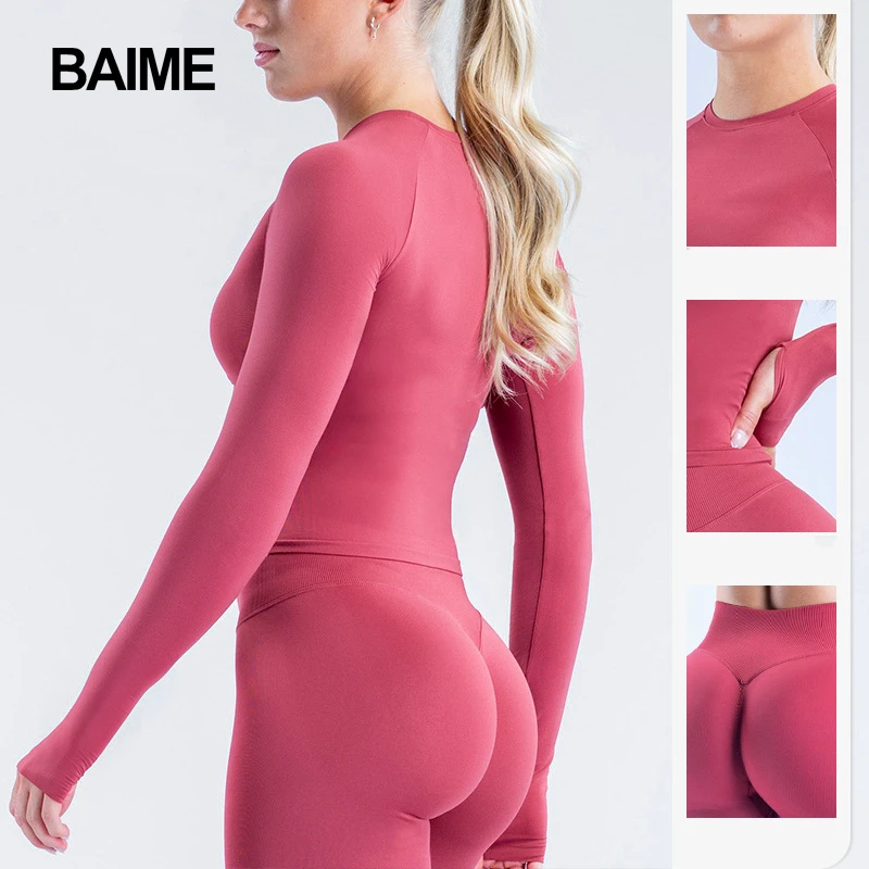 Women's Seamless Long Sleeved Yoga Suit, Round Neck Sports Top, Tight Fitting Outdoor Fitness Suit
