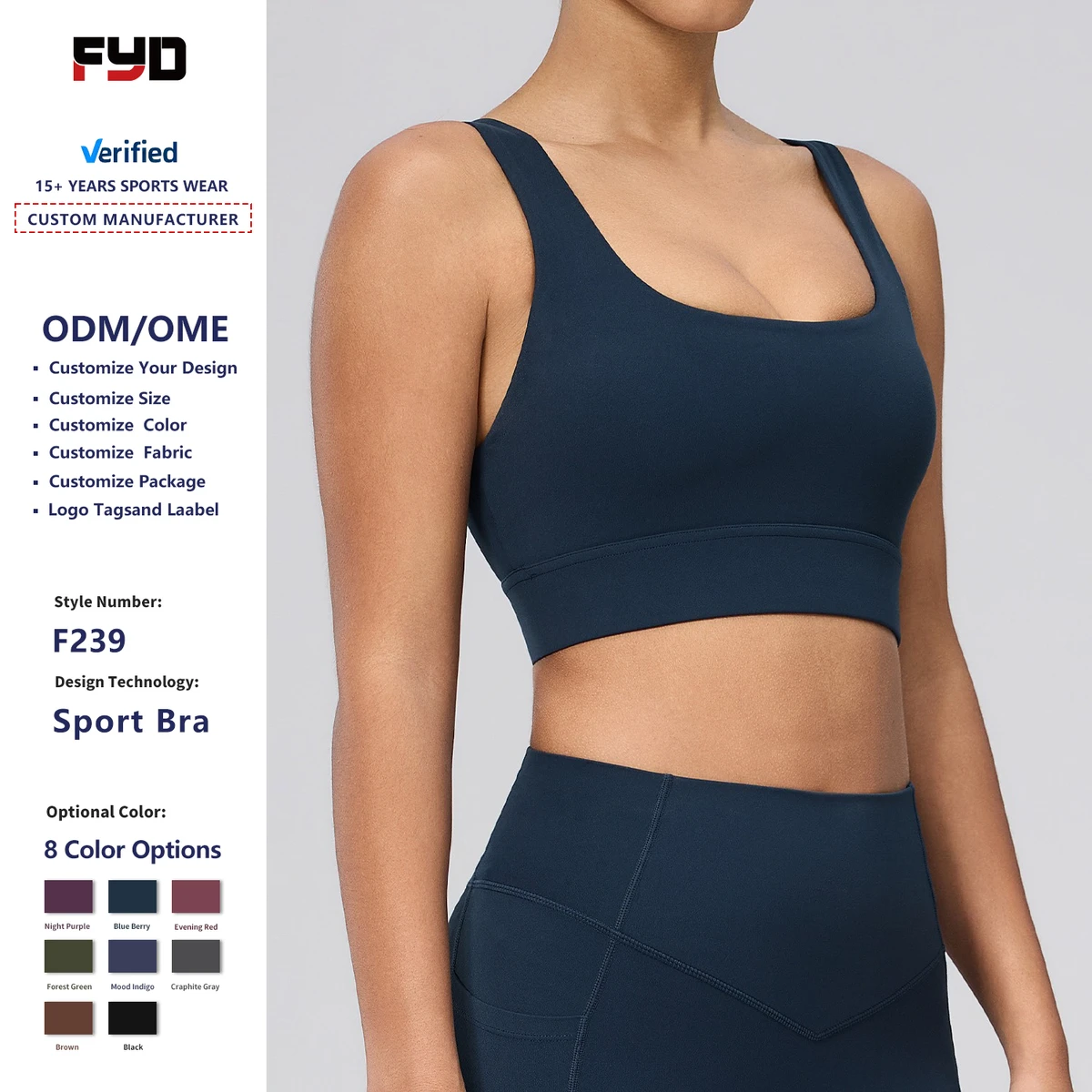 Custom Logo High Quality Gym Wear Breathable Removable Pads Lightweight Racerback U-Neck Medium Sports Bra for Women