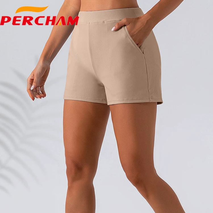 Women's High Waist Elastic Compression Athletic Shorts Spandex/Polyester Side Pockets Tummy Control Four-Way Stretch Quick Dry