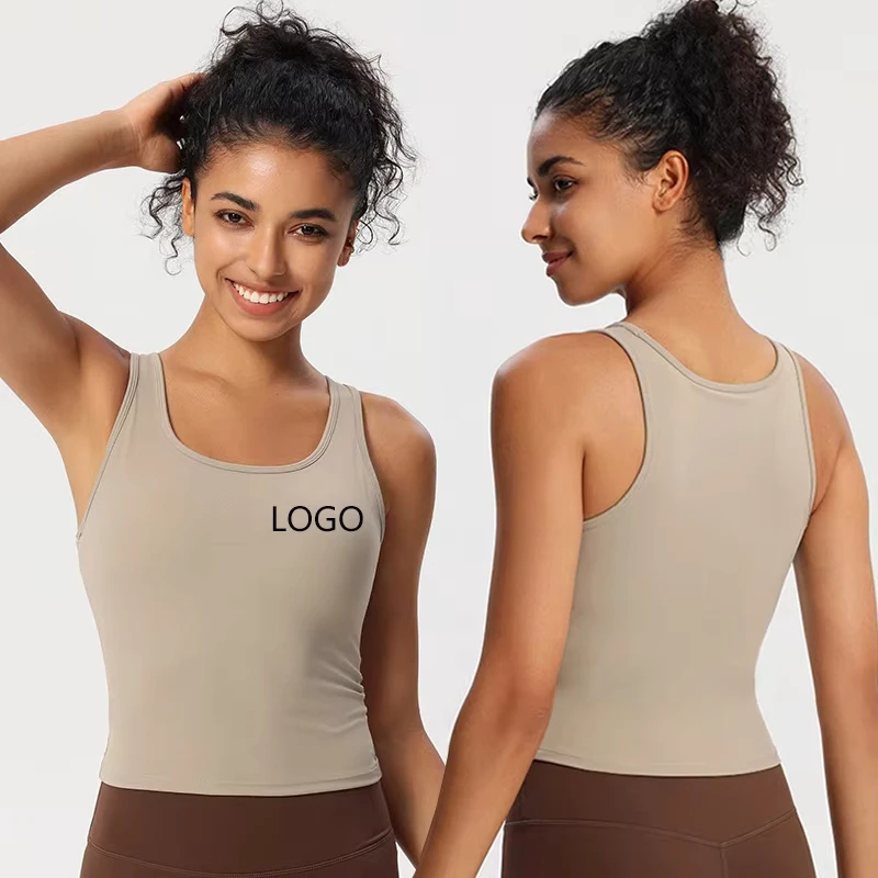 Women's Yoga Gym Running Vest Round Neck Soft Tops Custom Logo Breathable Four-Way Stretch Workout Racer Back Tank Top