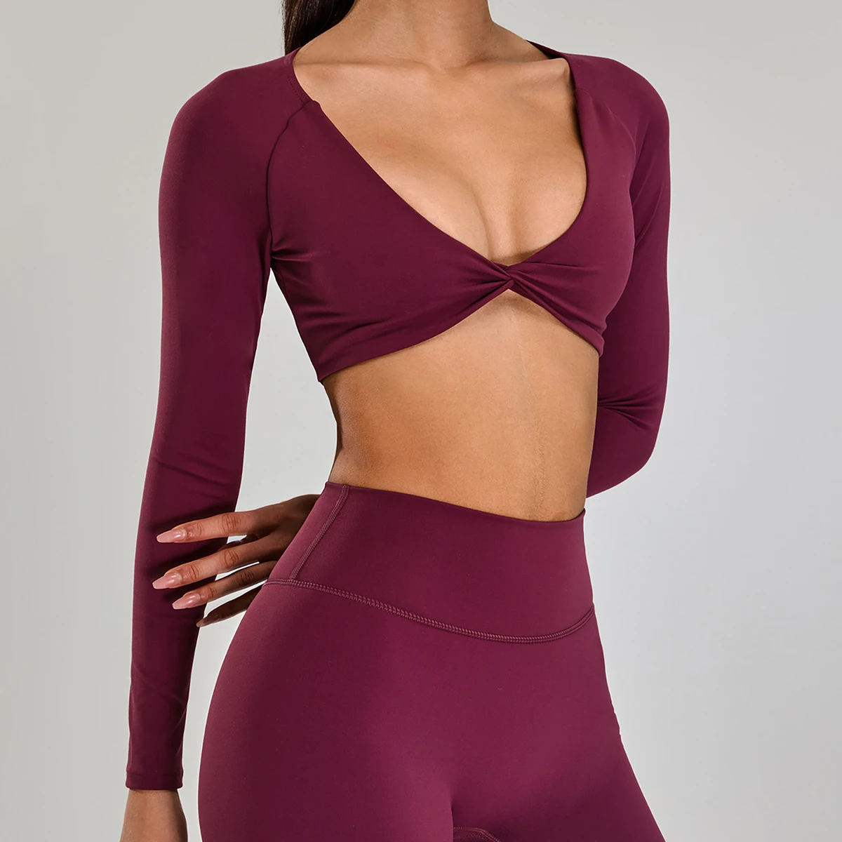 Front-Center Twist-Pleated Fashion Yoga Top Breathable Fitted T-Shirt Fitness Casual Quick-Dry Running Sports Long Sleeve