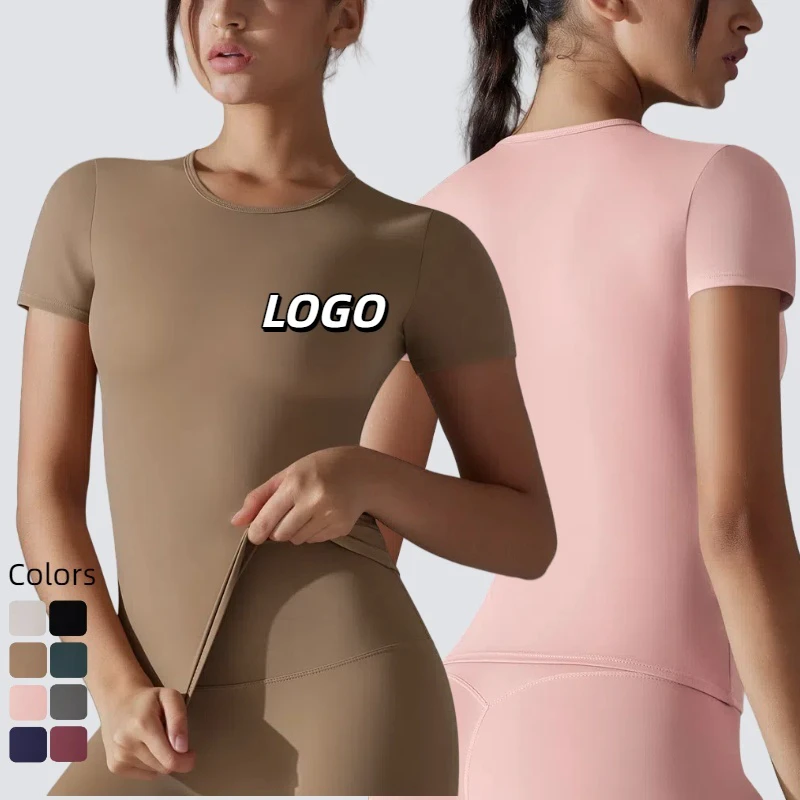 Custom Logo Women High Stretch Short Sleeve Compression Comfortable Lightweight Yoga Round Neck T-Shirt Fitness Tight Tops