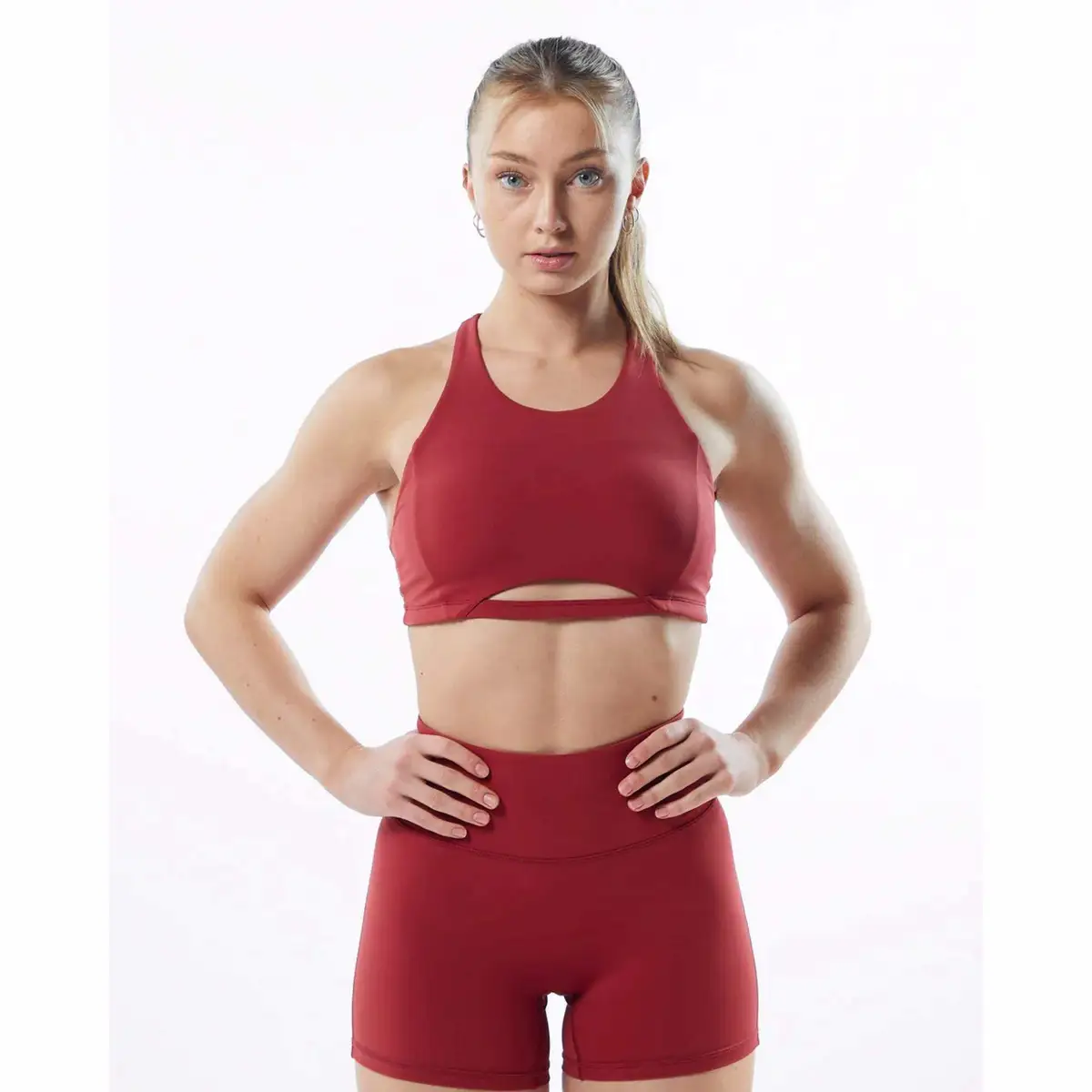 High Neck Style Fit Racer Back Bindingless Hem Womens Breathable Medium-Support One Piece Tartan Red Sports Bra