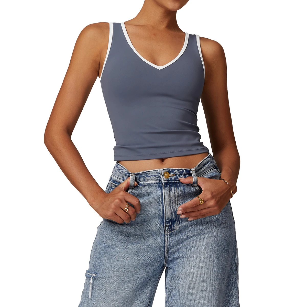 Women's Color Block Slim Fit Yoga Tank Top, Backless Naked Feeling Sports Top For Workout & Outdoor Wear DBX8843