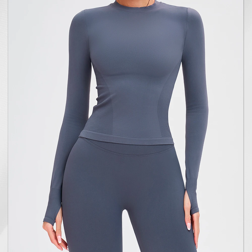 Women Long Sleeves Yoga Clothes Round Neck Breathable Long Sleeve Yoga T Shirt Outdoor Running Sports Top