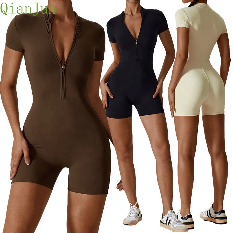 Women's Plus Size Active Wear Gym Jumpsuit Solid Spandex Yoga Jumpsuit With Zipper & Short Sleeves Wholesale Rompers