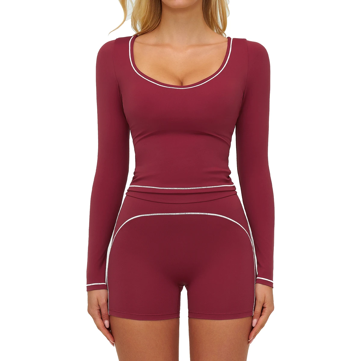 Women's 2-Piece Color Block Brushed Yoga Set High-Waisted Shorts Sleeve Top Nylon/Spandex Sweat-Wicking Fashion Gym Fitness