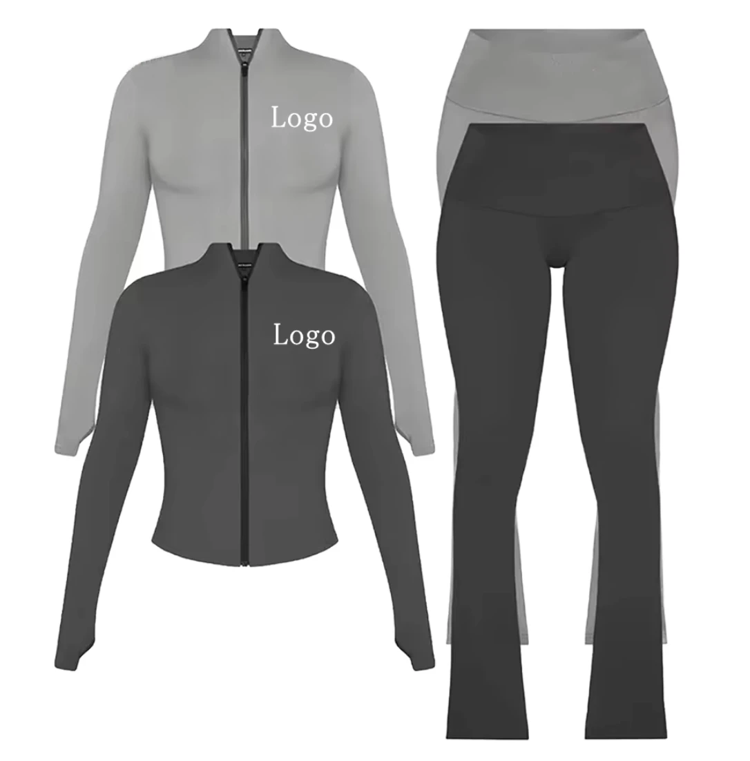 Women Yoga Set Zip Up Jacket And Flare Leggings Fitness Gym Outfit Activewear Sportswear Clothing Set For Women