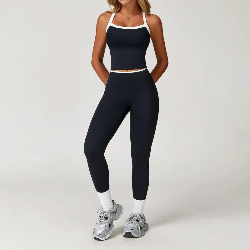 Yoke Custom logo Contrast Color Quick Dry High Elastic Removable Chest Pad Cross Back Outdoor Gym Yoga Women's tank Tops