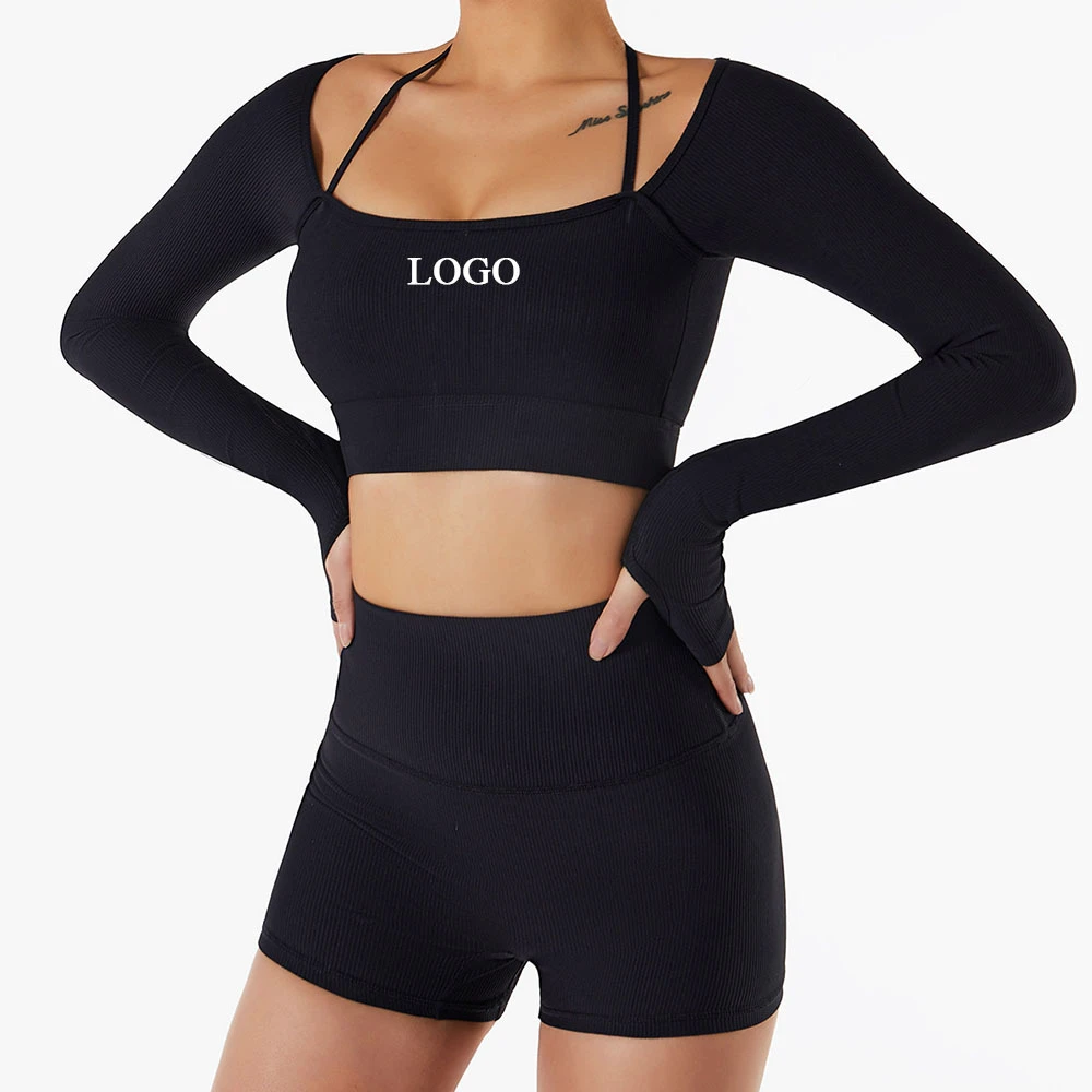 Custom Spandex Nylon Long Sleeve Ribbed Halter Sports Tops Moisture-Wicking High Stretch Fitness Yoga Crop Tops With Thumbholes